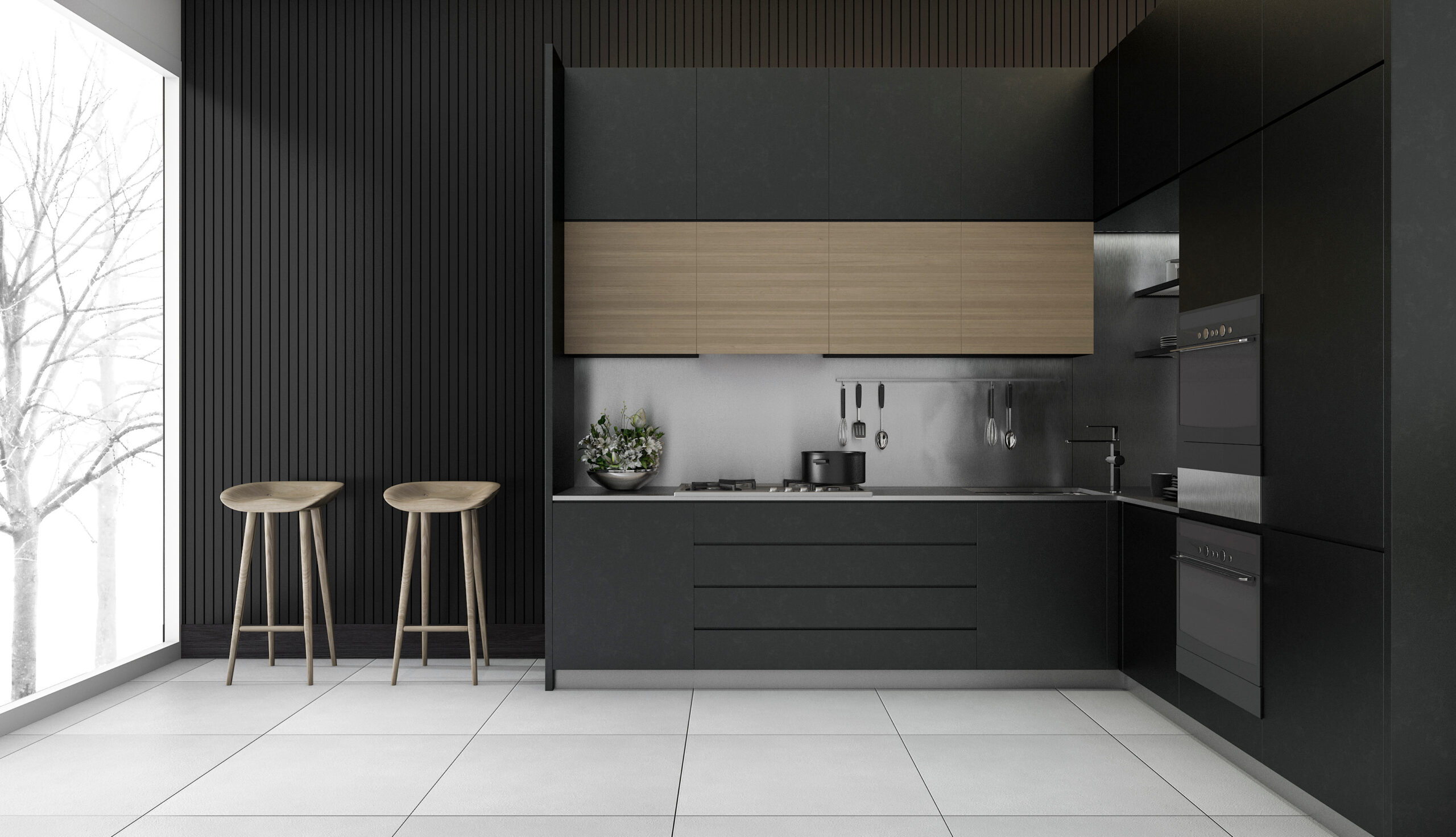 3d rendering modern dark wood kitchen with winter view