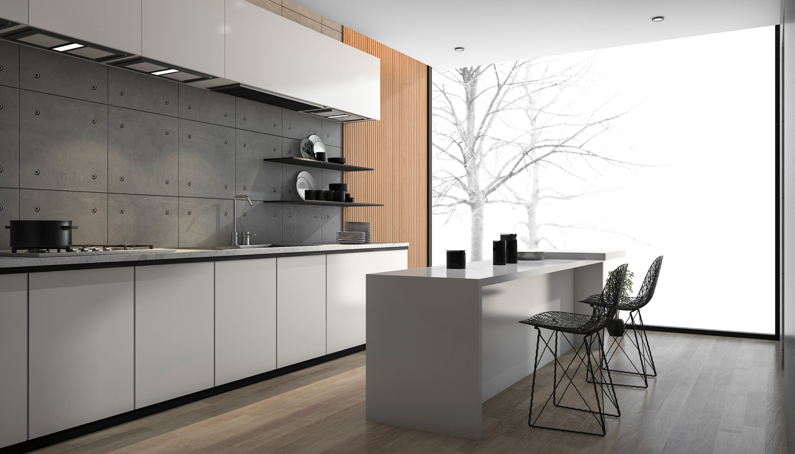 3d rendering white modern kitchen with wood floor near window